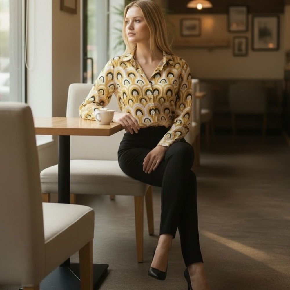 House of Harlow 1960 Retro Geometric Arch Print Button Down Blouse Mustard M
